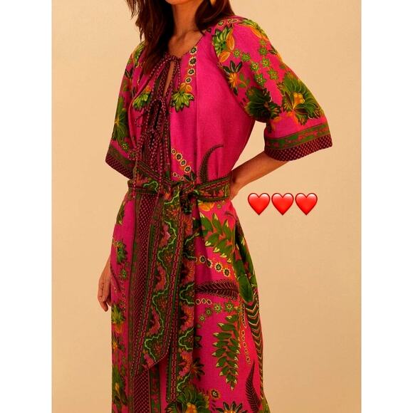 FARM Rio Dresses & Skirts - Farm Rio $298 Pink Ana Tapestry Midi XS Dress Floral Cottagecore Linen